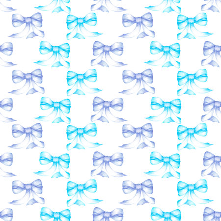 Hand drawn watercolor light blue and navy blue bow seamless pattern. Illustration isolated on white background. Can be used for textile, fabric, wrapping and other printed productsの写真素材