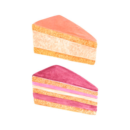 Hand drawn watercolor piece of berry cake. Illustration of food isolated on white background. Can be used for postcard, label, scrapbook and other printed productsの写真素材