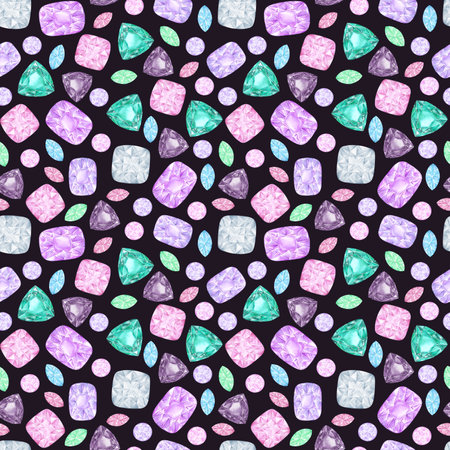 Hand drawn watercolor gemstones seamless pattern. Aquamarine zircon sapphire isolated on dark background. Can be used for textile, fabric and other printed productsの写真素材