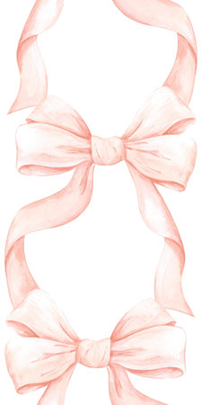 Hand drawn watercolor peach colored bows seamless border isolated on white background. Can be used for textile, postcard, scrapbook and other printed productsの写真素材