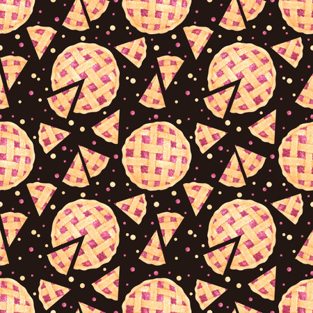 Hand drawn watercolor cut berry pie seamless pattern. Illustration of food isolated on dark background. Can be used for textile, fabric, scrapbook and other printed productsの写真素材