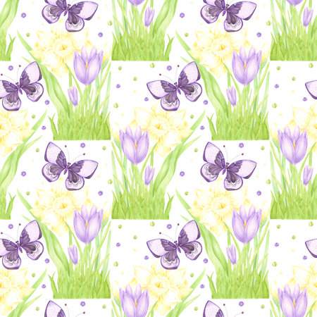 Hand drawn watercolor daffodil and crocus bouquet with butterfly and polka-dots seamless pattern isolated on white background. Can be used for textile, fabric, scrapbook and other printed productsの写真素材