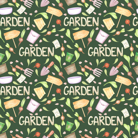 Hand drawn watercolor garden seamless pattern with pots tools and leaves isolated on dark green background. Can be used for textile, fabric, scrapbook and other printed productsの写真素材