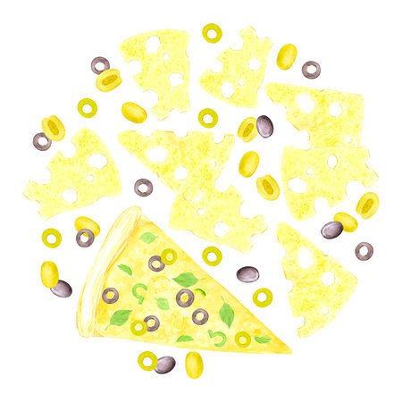 Hand drawn watercolor vegetarian pizza round frame border. Illustration of cut olive basil cheese isolated on white background. Can be used for label, card, scrapbook and other printed productsの写真素材