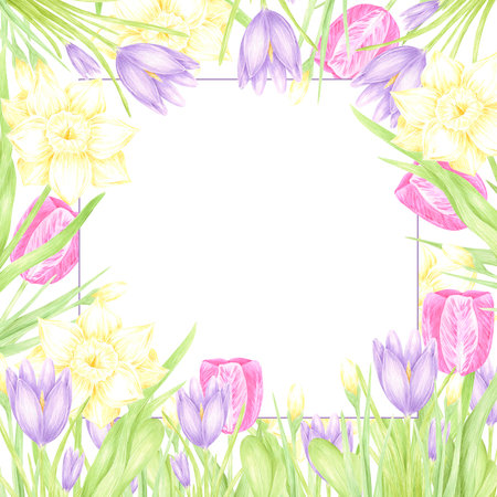 Hand drawn watercolor daffodil tulip and crocus with green leaves frame border isolated on white background. Can be used for postcard, invitation, scrapbook and other printed productsの写真素材
