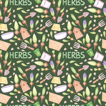 Hand drawn watercolor garden seamless pattern with pots tools and hyacinth isolated on dark green background. Can be used for textile, fabric, scrapbook and other printed productsの写真素材