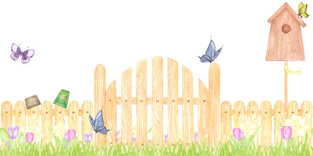 Hand drawn watercolor garden fence and gate with blooming flowers seamless border isolated on white background. Can be used for textile, postcard, scrapbook and other printed productsの写真素材