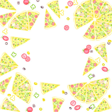 Hand drawn watercolor pizza slices frame border. Illustration of cut tomato olive pepper isolated on white background. Can be used for label, card, scrapbook and other printed productsの写真素材
