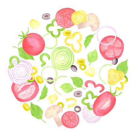 Hand drawn watercolor vegetables round frame border. Illustration of cut tomatoes pepper onion isolated on white background. Can be used for label, card, scrapbook and other printed productsの写真素材