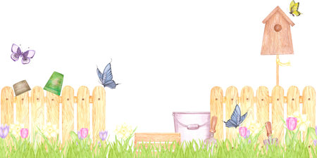 Hand drawn watercolor garden fence and tools with blooming flowers seamless border isolated on white background. Can be used for textile, postcard, scrapbook and other printed productsの写真素材