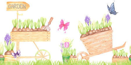 Hand drawn watercolor blooming flowers in carts and boxes seamless border isolated on white background. Can be used for textile, postcard, scrapbook and other printed productsの写真素材