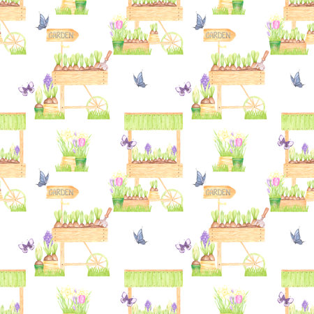 Hand drawn watercolor spring flowers in carts and boxes with butterflies seamless pattern isolated on white background. Can be used for textile, fabric, scrapbook and other printed productsの写真素材