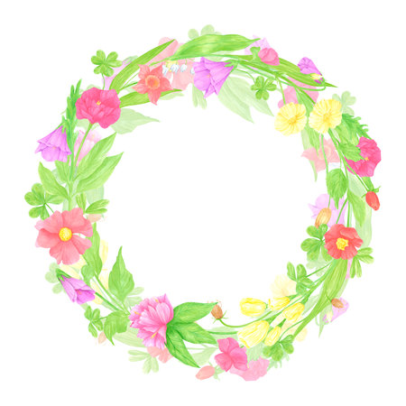 Hand drawn watercolor wildflowers and leaves wreath frame border. Flower of the field isolated on white background. Can be used for card, invitation, scrapbook and other printed productsの写真素材