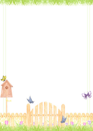 Hand drawn watercolor garden postcard frame border with fence flowers and butterflies isolated on white background. Can be used for postcard, label, scrapbook and other printed productsの写真素材