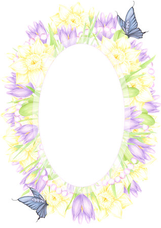 Hand drawn watercolor daffodil and crocus with butterflies and pearls postcard frame border isolated on white background. Can be used for postcard, invitation, scrapbook and other printed productsの写真素材
