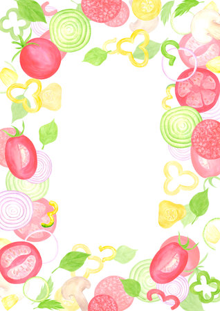 Hand drawn watercolor vegetables postcard frame border. Illustration of cut tomatoes pepper onion isolated on white background. Can be used for label, card, scrapbook and other printed productsの写真素材