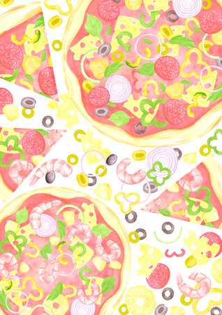 Hand drawn watercolor pizza poster. Illustration of cut prawn olive sausage pepper isolated on white background. Can be used for label, card, scrapbook and other printed productsの写真素材