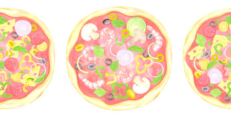 Hand drawn watercolor pizza seamless frame border. Illustration of shrimp mushroom olive isolated on white background. Can be used for label, card, scrapbook and other printed productsの写真素材