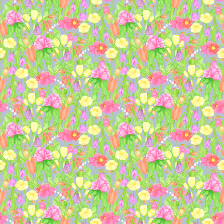 Hand drawn watercolor wildflowers field seamless pattern. Flower of the field isolated on gray background. Can be used for textile, fabric, scrapbook and other printed productsの写真素材