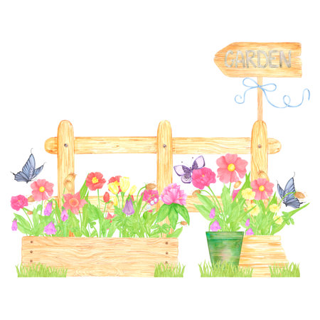 Hand drawn watercolor wildflowers in a pots with butterflies and wooden fence composition isolated on white background. Can be used for postcard, label, scrapbook and other printed productsの写真素材