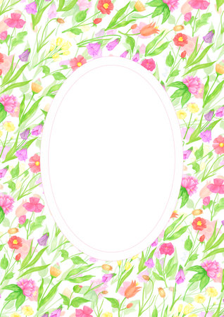 Hand drawn watercolor wildflowers and leaves postcard wreath frame border. Flower of the field isolated on white background. Can be used for postcard, invitation, scrapbook and other printed productsの写真素材