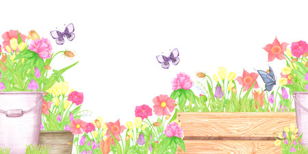 Hand drawn watercolor blooming flowers in pots and boxes. Palisade seamless border isolated on white background. Can be used for textile, postcard, scrapbook and other printed productsの写真素材