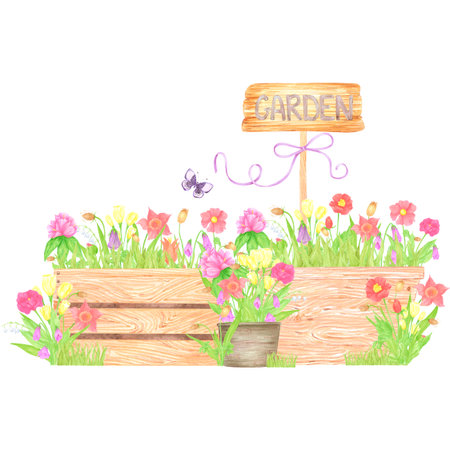 Hand drawn watercolor wildflowers and leaves in pots and boxes. Palisade composition isolated on white background. Can be used for postcard, label, scrapbook and other printed productsの写真素材
