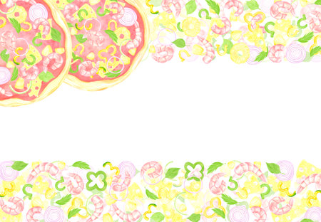 Hand drawn watercolor pizza frame border. Illustration of cut prawn pineapple basil isolated on white background. Can be used for label, card, scrapbook and other printed productsの写真素材