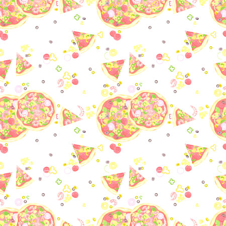 Hand drawn watercolor tomato pizza with vegetables and prawns seamless pattern isolated on white background. Can be used for textile, fabric, scrapbook and other printed productsの写真素材