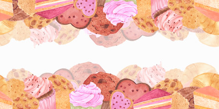 Hand drawn watercolor bakery seamless frame border. Illustration of food isolated on white background. Can be used for textile, fabric, scrapbook and other printed productsの写真素材