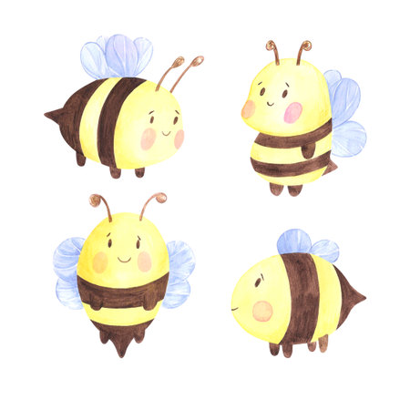 Honey bee set, hand drawn watercolor illustration isolated on white background. Can be used for label, postcards and other printed productsの写真素材