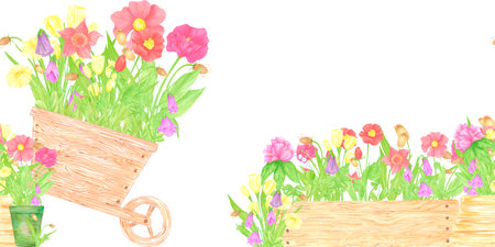 Hand drawn watercolor blooming flowers in cart and boxes seamless border isolated on white background. Can be used for textile, postcard, scrapbook and other printed productsの写真素材
