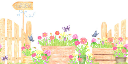 Hand drawn watercolor blooming flowers in pots and boxes. Palisade composition seamless border isolated on white background. Can be used for textile, postcard, scrapbook and other printed productsの写真素材