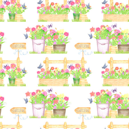 Hand drawn watercolor flowers in pots and boxes with a fence. Palisade composition seamless pattern isolated on white background. Can be used for textile, fabric, scrapbook and other printed productsの写真素材