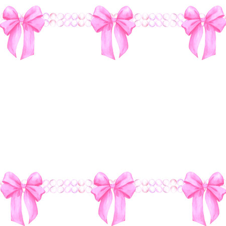 Hand drawn watercolor pearls stings with pink bows frame border isolated on white background. Can be used for cards, scrapbook album and other printed productsの写真素材