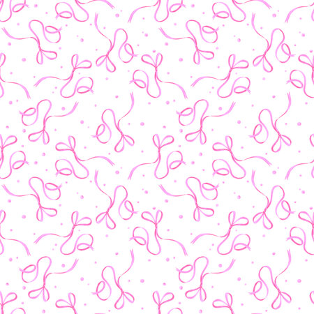 Hand drawn watercolor pink bow ribbon with confetti seamless pattern isolated on white background. Can be used for textile, fabric scrapbook and other printed productsの写真素材