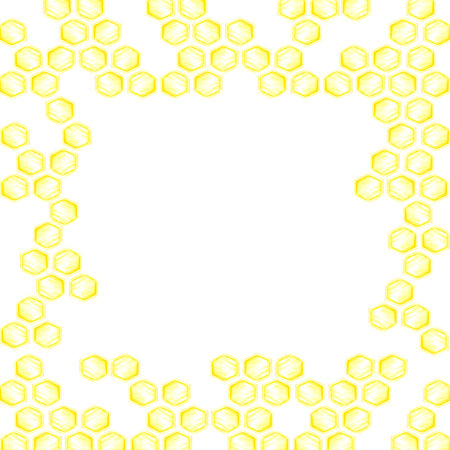 Golden honey comb frame border, hand drawn watercolor cell illustration isolated on white background. Can be used for cards, invitations and other printed productsの写真素材