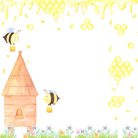 Golden honey comb with hive and bees frame border, hand drawn watercolor illustration isolated on white background. Can be used for cards, invitations and other printed productsの写真素材
