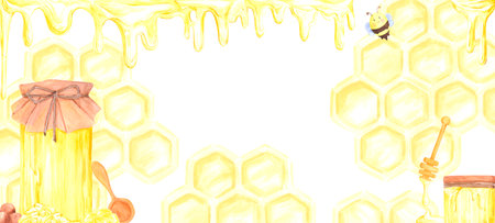Golden honey comb with honey jar and bee banner frame border, hand drawn watercolor illustration isolated on white background. Can be used for banner, invitation and other printed productsの写真素材