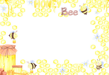 Golden honey comb with honey jar propolis and bees frame border, hand drawn watercolor illustration isolated on white background. Can be used for cards, invitations and other printed productsの写真素材