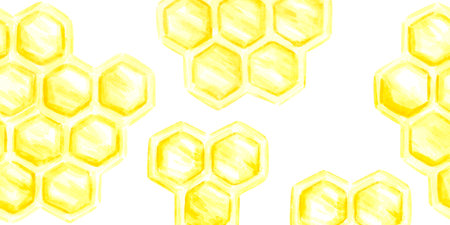 Golden honey comb seamless frame border, hand drawn watercolor cell illustration isolated on white...