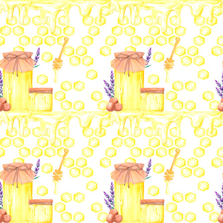 Golden honey comb with lavender, hand drawn watercolor jar and dipper seamless pattern. Illustration isolated on white background. Can be used for textile, fabric scrapbook and other printed productsの写真素材
