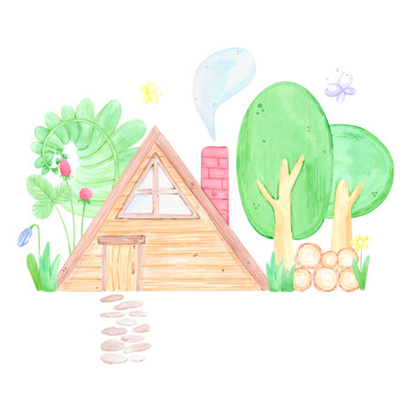 Hand drawn watercolor wooden house in the forest composition. Illustration isolated on white background. Can be used for postcard, label, scrapbook and other printed productsの写真素材