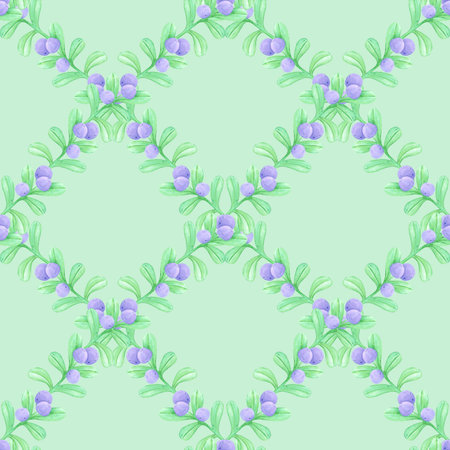 Hand drawn watercolor blueberry branch seamless pattern. Illustration isolated on mint background....