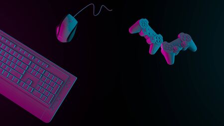 Gaming and computer games concept background. Retro style game controllers and gamepads. 3d...