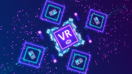 VR symbol on neon digital background. Virtual reality technology signの写真素材