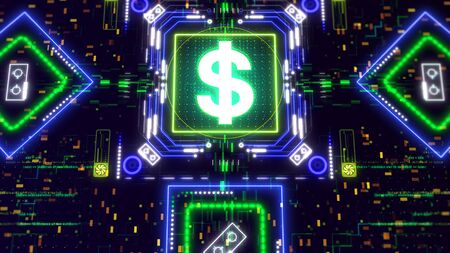 USA dollar money sign futuristic illustration. Money symbol on neon backgroundの写真素材