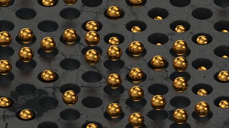 Golden spheres on graphite gray background. Abstract motion design style. Trendy modern 3d renderingの写真素材