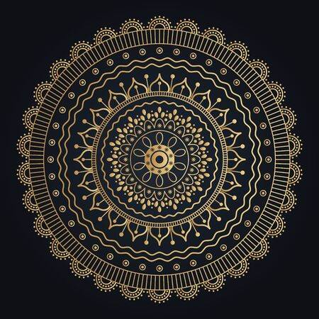 Golden maya flower mandala on black background. Folk ornamental illustration.のイラスト素材