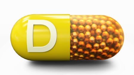 Vitamin D pilule, medicine and healthcare 3d illustration. Orange, yellow pillの写真素材